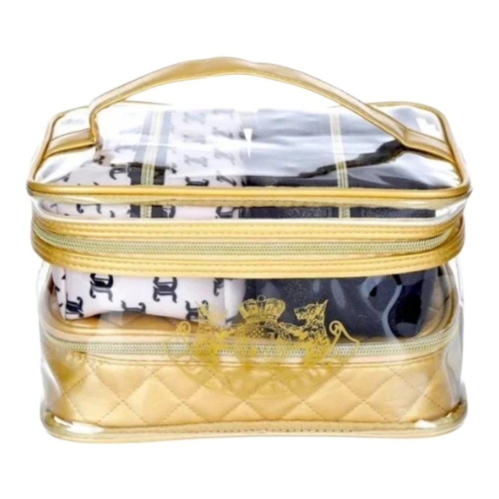 Juicy Couture NWT Heritage JC Logo 4pc Travel Cosmetic Bag Gold Black White